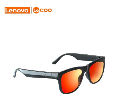 Sunglasses with red lenses and black frame on a white background, featuring Lenovo Lecco logo.