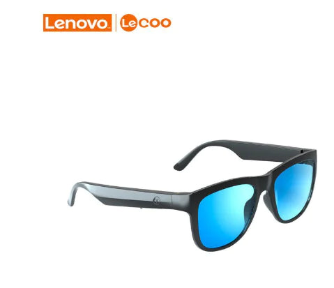 Black sunglasses with blue lenses on a white background, featuring Lenovo LeCoo branding.